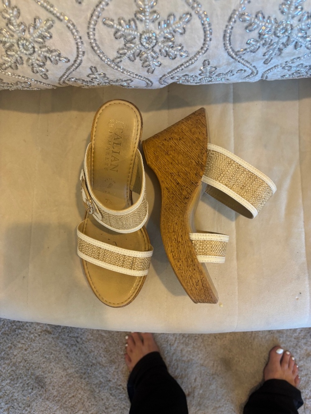 WOVEN TEXTURED TAN AND WHITE WEDGE  SANDALS WITH EMBELLISHED BUCKEL( 7.5)